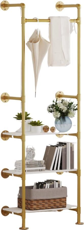 SureDeal Depot SureDeal Wandrek Kledingrek 3 Lagen Goud Luxe Muur Bevestiging 61x31x178 cm Wandplank Wandkast Boekenkast Vakkenkast