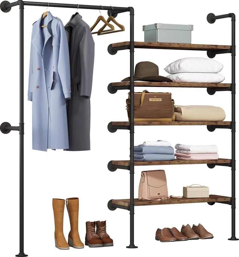 SureDeal Depot SureDeal Wandrek Kledingrek 5 Lagen Industrieel Kledingkast Kapstok Muur Bevestiging 187.5x35x184 cm Wandplank Wandkast Boekenkast Vakkenkast