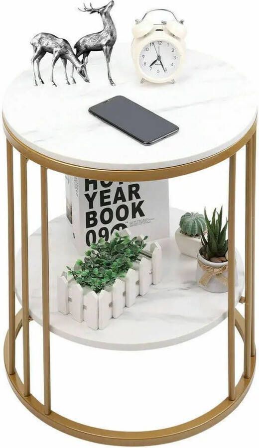 SureDeal Depot SureDeal Salontafel Nachtkastje Luxe Uitstraling 2 Lagen Marmer Goud Ø 40cm Rond Woonkamer Bijzettafel Sidetable