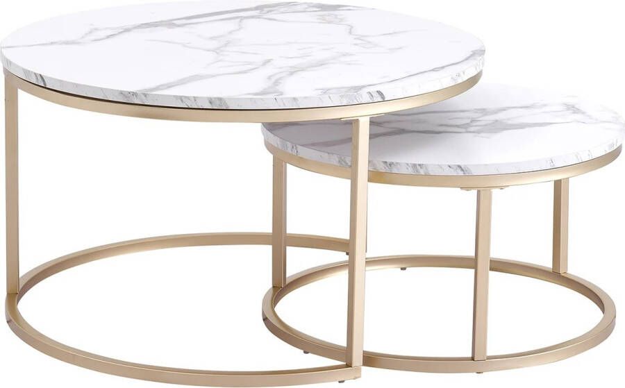 SureDeal Depot SureDeal Salontafels Rond Set van 2 Luxe Uitstraling Marmer Goud Ø 80cm Woonkamer Bijzettafel Sidetable