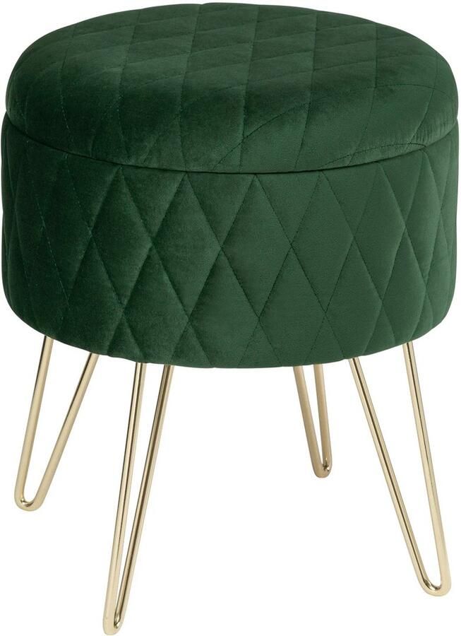 Suredeal 1 Stuk Ottomaanse Kruk Goud Metalen Voetenbank Fluwelen Ronde Poef Opbergstoel Met Deksel Opbergdoos Voor Sofa Slaapkamer Diepgroen