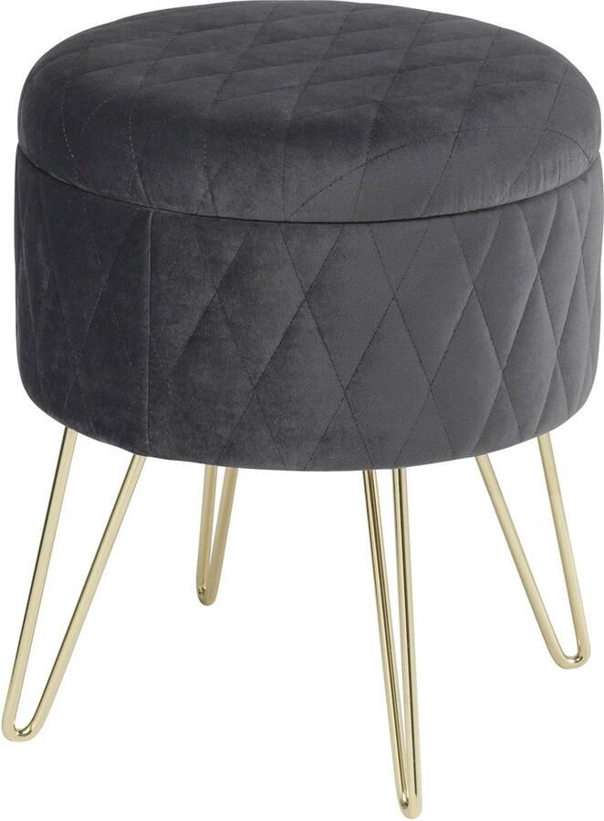 Suredeal 1 Stuk Ottomaanse Kruk Goud Metalen Voetenbank Fluwelen Ronde Poef Opbergstoel Met Deksel Opbergdoos Voor Sofa Slaapkamer Donkergrijs