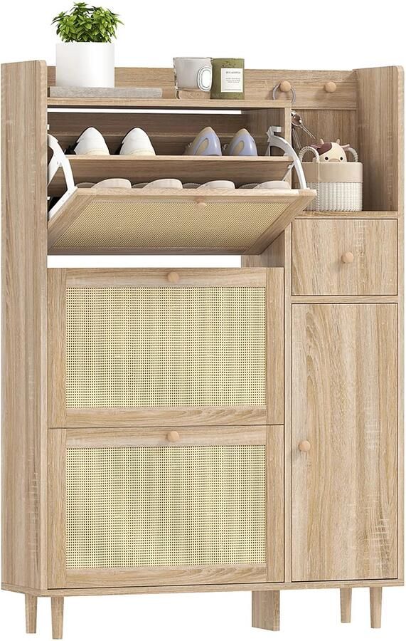 Suredeal 3-Lades Opvouwbare Schoenenkast Eiken Rotan Fronten Compact -Functioneel 80x23x120 cm Voor 12 Paar Schoenen