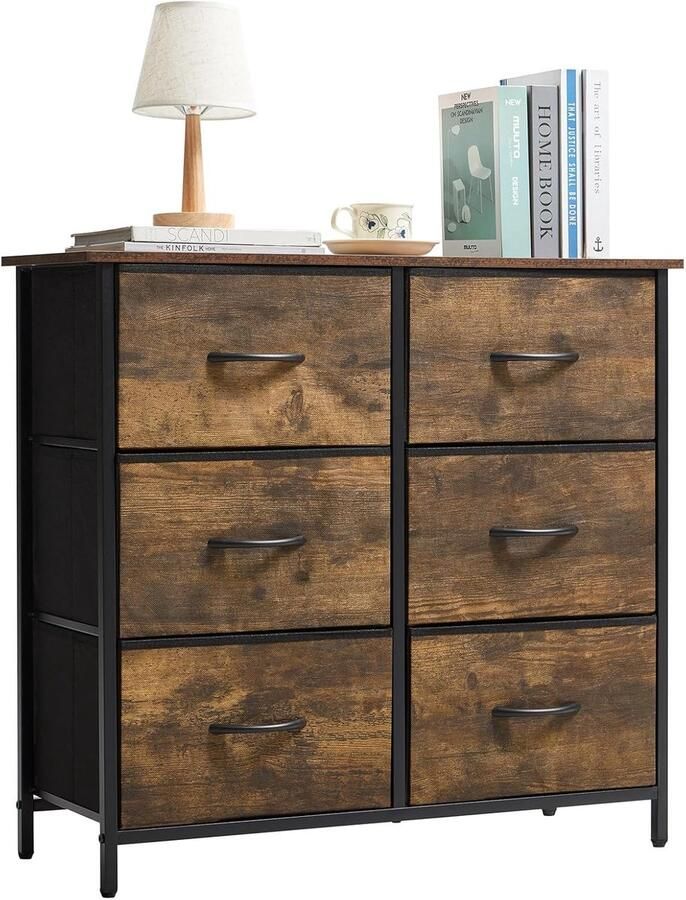 Suredeal 6-Laden Stoffen Ladenkast met Stalen Frame -Houten Bovenblad Opbergtoren voor Slaapkamer -Woonkamer Lichtgrijs