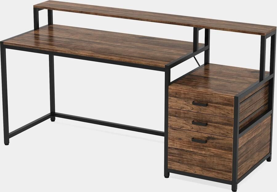 Suredeal 63 Inch Computerbureau Met Archiefladekast Ergonomisch Bureau Met Monitorstandaard Industriële Computertafel Bruin