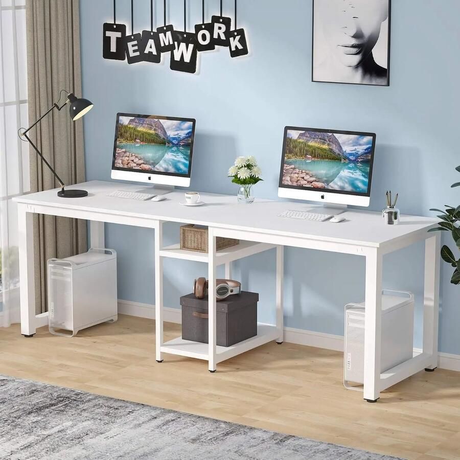 Suredeal 78 Dubbel Bureau voor 2 Personen Wit Met Opbergplanken Spaanplaat -Metaal Thuiskantoor