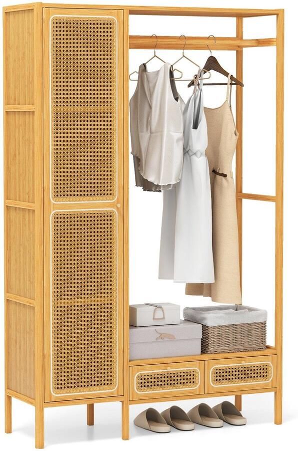 Suredeal Bamboe Kledingrek met Kast & Lades 102x33x160 cm Natuur Rattan Afwerking Garderoberek met Stang