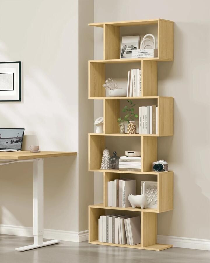 Suredeal Boekenkast 2‑dlg 6 Niveaus – Houtlook – Greige – 24×70×190 5 cm (D×B×H) – Vrijstaand Rek voor Woonkamer Slaapkamer – S-vormig Design – Modern & Decoratief