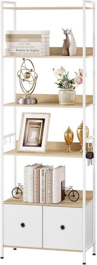 Suredeal Boekenkast 5 Planken + 2 Lades Metaal -Hout 63x187x30 cm Licht Eiken + Wit Industrieel design