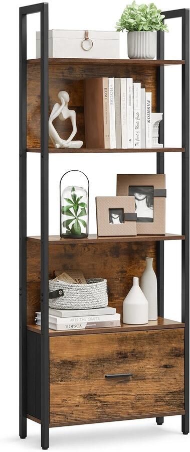 Suredeal Boekenkast 60x24x165 cm 5-Laags Met Lade Staal Hout Bruin Zwart Industrieel Ladderrek Voor Woonkamer of Kantoor