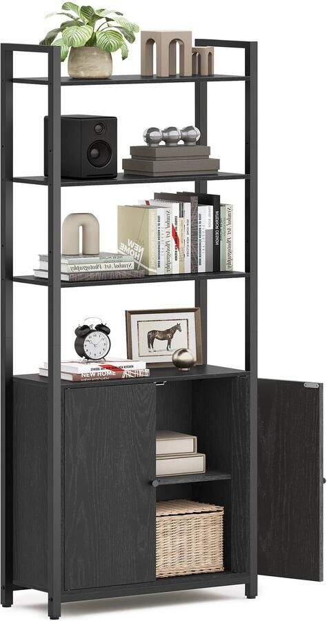 Suredeal Boekenkast 6 Niveaus Metaal & Spaanplaat 24×60×159 5 cm Ebony Black Ink Black