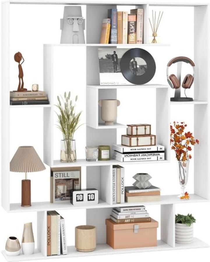 Suredeal Boekenkast 7 Niveaus 125x22x150 cm Wit Geometrisch Design Staand Open Plank Anti-Kantel Voor Kantoor Woonkamer & Slaapkamer
