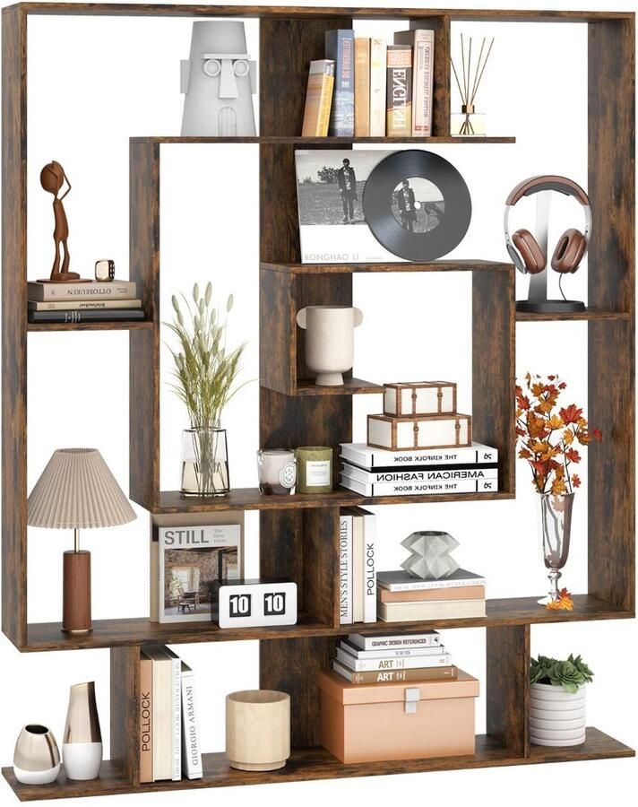 Suredeal Boekenkast 7-Niveaus Geometrisch Design 125x22x150 cm Hout Rustiek Bruin Staand Opbergrek