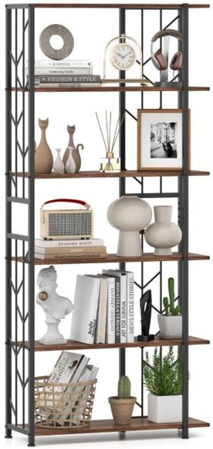 Suredeal Boekenkast met 6 Planken 80x31x180 cm Hout & Metaal Rustiek Bruin Zwart Geometrisch Design met Anti-Kantelset