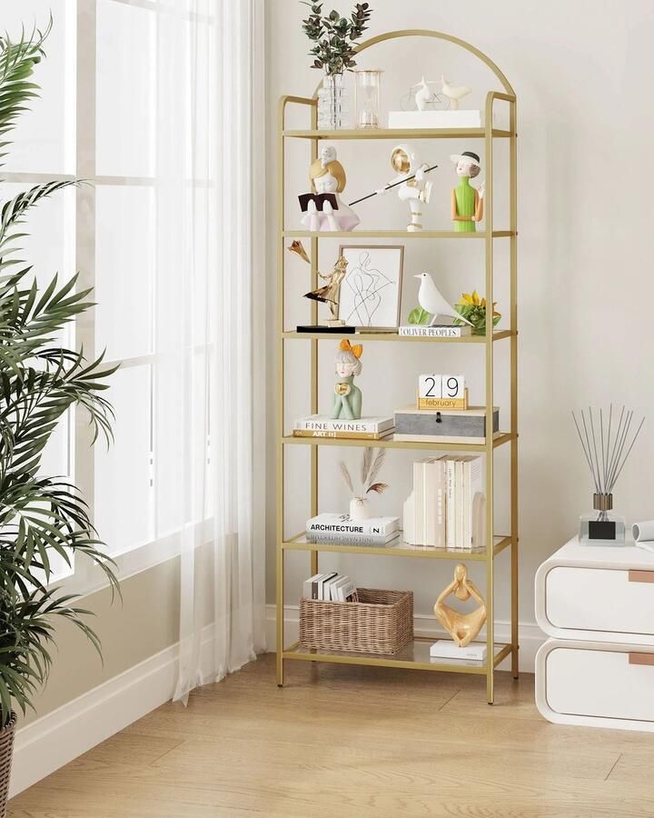 Suredeal Boekenkast van Gehard Glas 60x30x178.5 cm Goud 6-Laags Metalen Plank Modern & Elegant Design