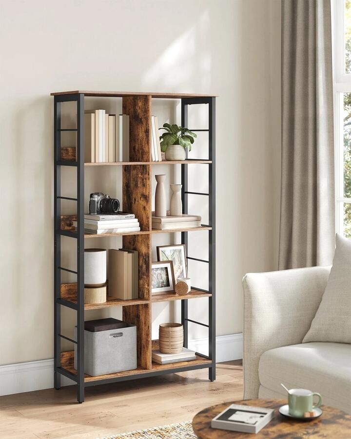 Suredeal Booth Boekenkast met 8 Compartimenten 80x33x149 cm Industrieel Bruin Zwart Met Kantelbeveiliging