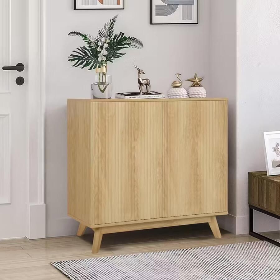 Suredeal Buffetkast Sideboard 2-Deurs MDF & Hardhout Natuurlijke Kleur Verstelbare Planken Mid-Century
