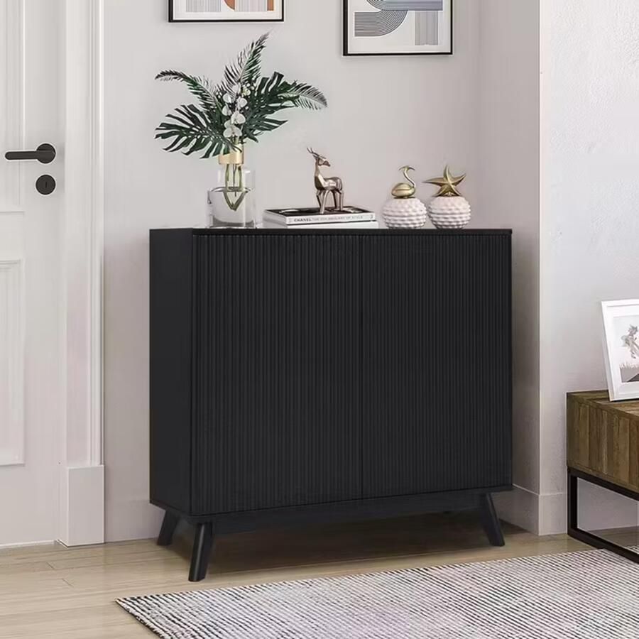 Suredeal Buffetkast Sideboard 2-Deurs MDF & Hardhout Zwart Verstelbare Planken Mid-Century