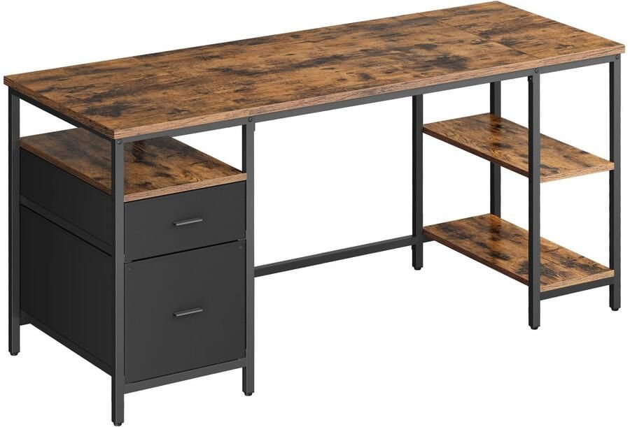 Suredeal Bureau 160x60x76 cm Met 2 Lades & 3 Planken Spaanplaat Staal Bruin Zwart Industrieel Voor Kantoor of Woonkamer