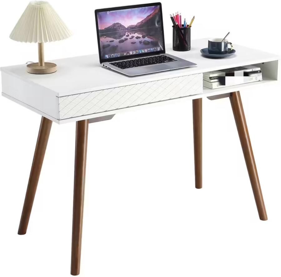 Suredeal Bureau 180x50x75 cm Met Lade & Open Vak Wit Hout & Metaal Mid-Century Scandinavisch Voor Thuis & Kantoor