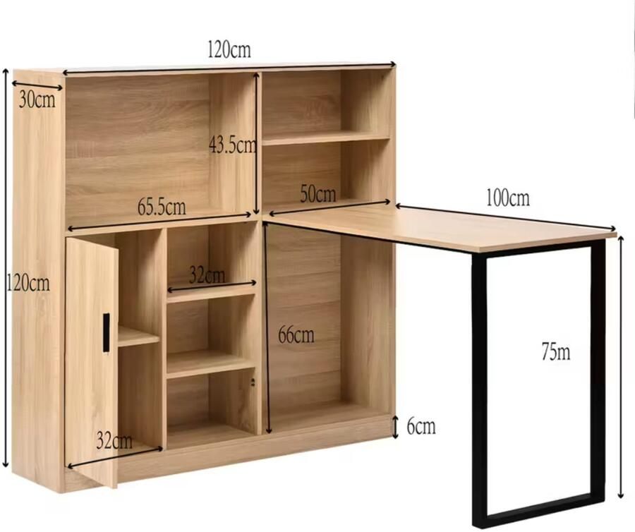 Suredeal Bureau 204x120x75 cm Met Kasten & Planken Bamboe Metaal Houtkleur Modern Ruimtebesparend Computerwerkplek