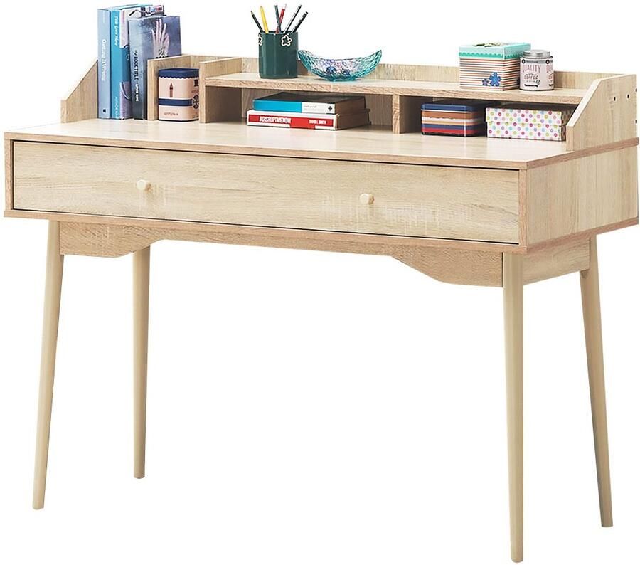 Suredeal Schrijftafel met Lade & 2-Laags Hok MDF & Rubberhout 120x50x93 cm Natuurlijk Thuiskantoor Bureau
