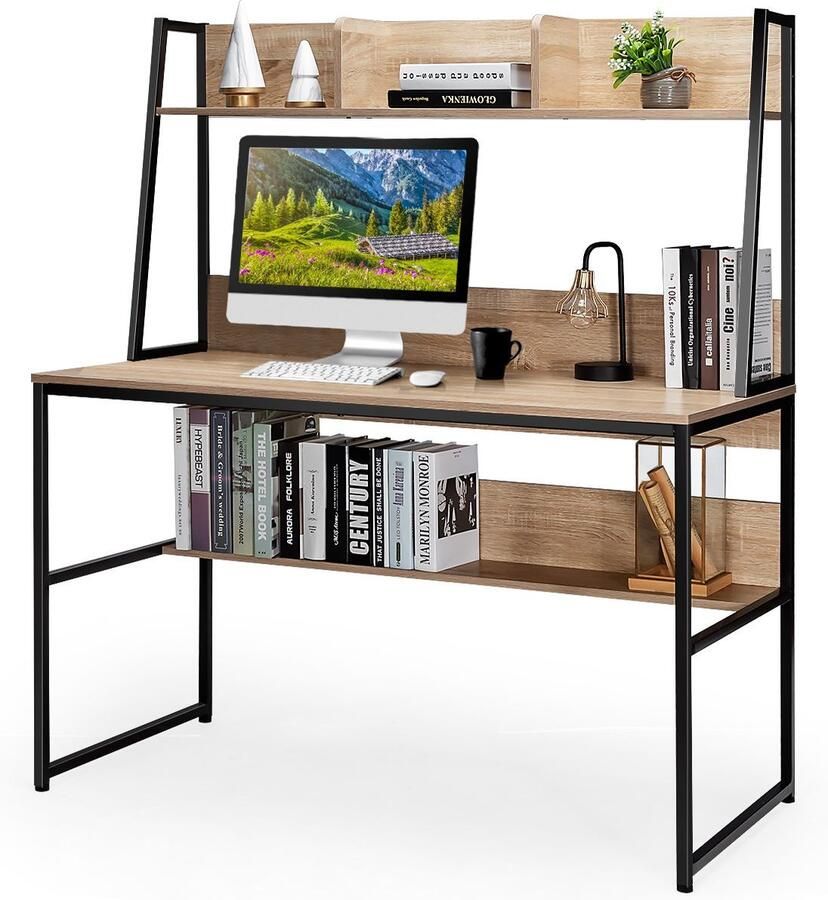 Suredeal Bureau met Plank 120x57x140 cm Hout & Metaal Met Boekenkast & Opbergruimte Verstelbare Voetpads Computertafel Natuurkleur