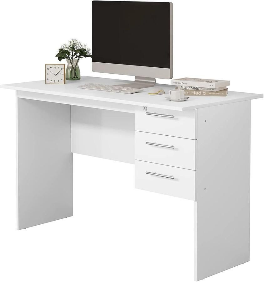 Suredeal Computerbureau 120×60×75 cm (B×D×H) – Hout Staal – Wit Zwart – Bureau met 3 Lades & Slot – Modern Design – Laptoptafel Voor Slaapkamer Woonkamer