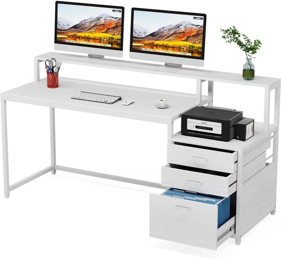 Suredeal Computerbureau 160×50×90 cm (B×D×H) – Hout Metaal – Wit – Met Monitorstandaard & Archieflades – Ergonomisch Bureau – Industrieel Design Voor Kantoor