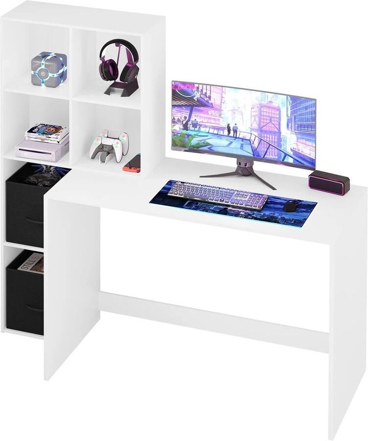 Suredeal Computerbureau met Boekenplank 140 -5x134x50 cm Wit Modern Houten Bureau met Opbergruimte Thuis -Kantoor