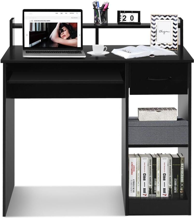 Suredeal Computerbureau met Opberglade en Planken Spaanplaat 90x48x91 5 cm Zwart Compact Werkbureau