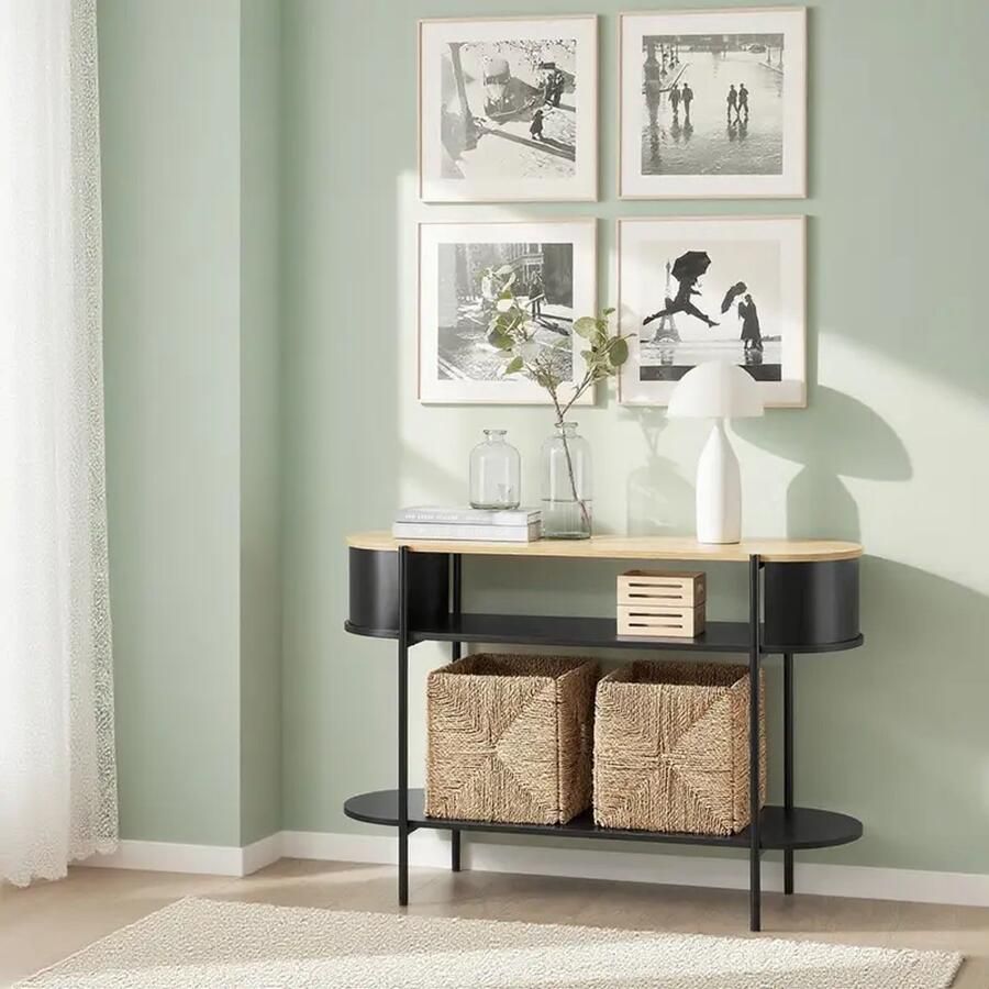 Suredeal Console Tafel 110x39x76 cm Hout & Metaal Zwart Met Opbergvakken Industrieel Voor Hal & Woonkamer