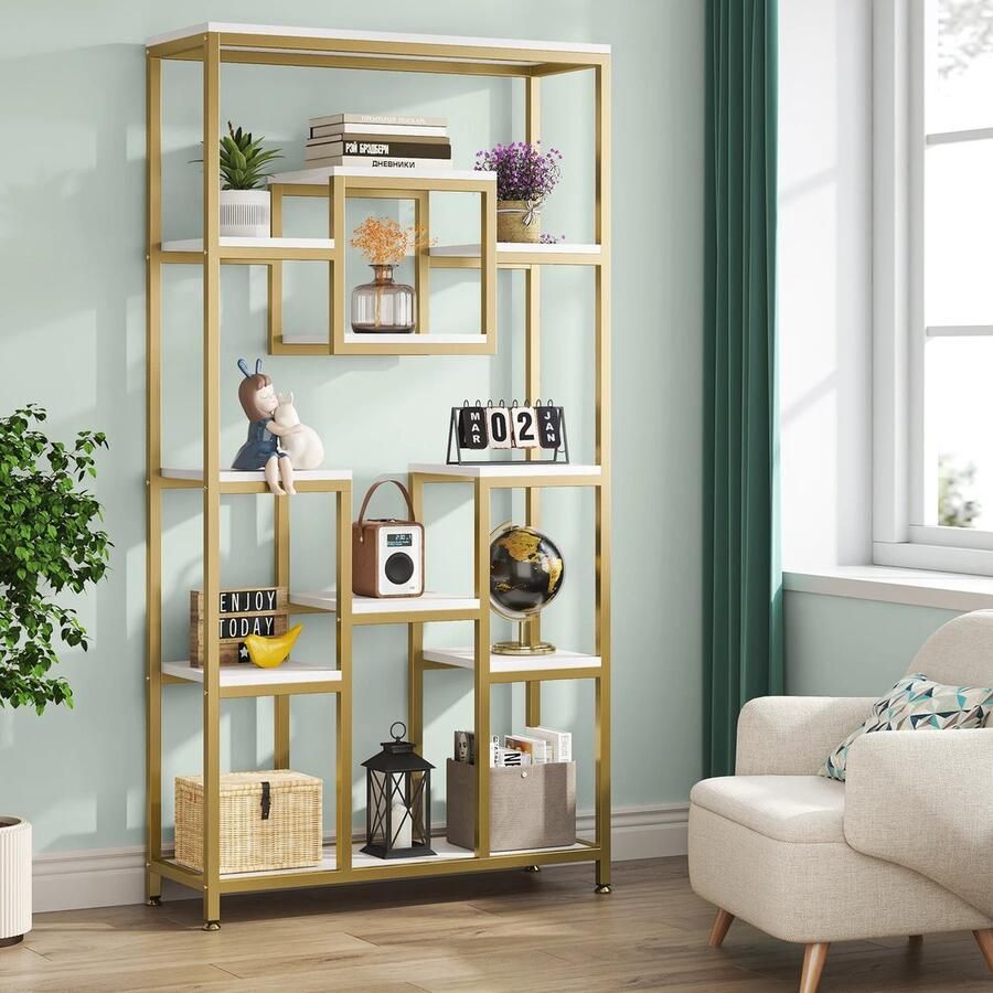 Suredeal Design Kast Huiskamer Boekenkast Goud Modern 90x35x182 cm Balkon Slaapkamer Binnen Kasten Kantoor Woonkamer
