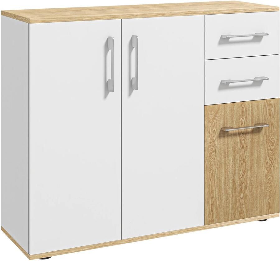 Suredeal Dressoir met 2 lades & 2 kasten Houtmelamine 90×30×75 5 cm Wit & Naturel Moderne