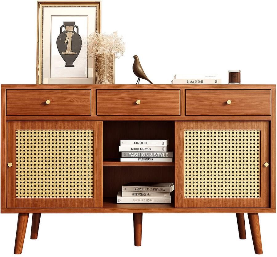 Suredeal Dressoir met 3 Lades & Schuifdeuren 120x40x78 cm Spaanplaat Walnoot Verstelbare Planken Gouden Handgrepen Retro vormgeving