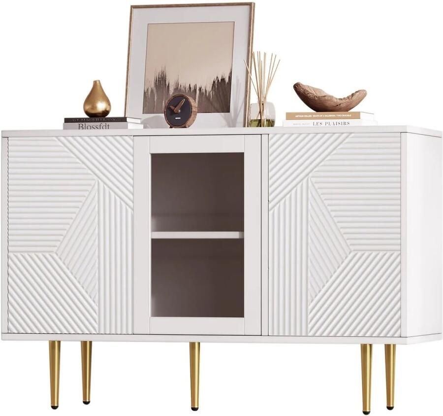 Suredeal Dressoir met Glazen Deuren 120x38x79 5 cm Spaanplaat Wit Vrijstaand Modernee Opbergkast