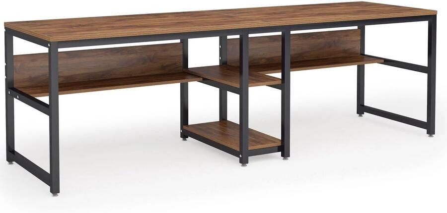 Suredeal Dubbel Bureau 200×60×75 cm (B×D×H) – Hout Staal – Chocolade – Werkstation voor 2 Personen met Opbergrek – Industrieel Design – Voor Thuis Kantoor