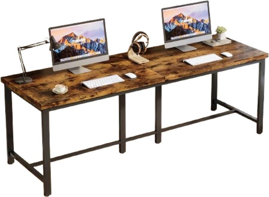 Suredeal Dubbel Bureau 200×70×75 cm (B×D×H) – Hout Metaal – Bruin – Groot 2-Persoons Werkstation – Industrieel Design – Extra Lang Computerbureau Thuis Kantoor