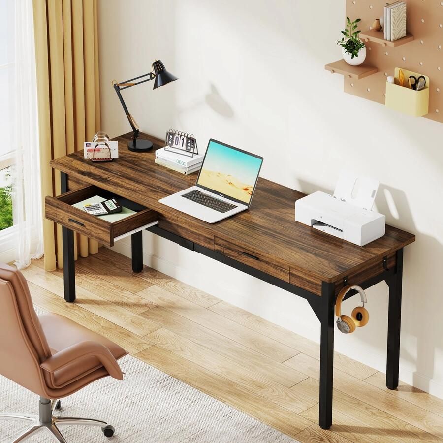 Suredeal Dubbel Bureau 200x60x82 cm Voor 2 Personen Met 2 Lades Hout Metaal Chocolade Bruin Groot Directiebureau