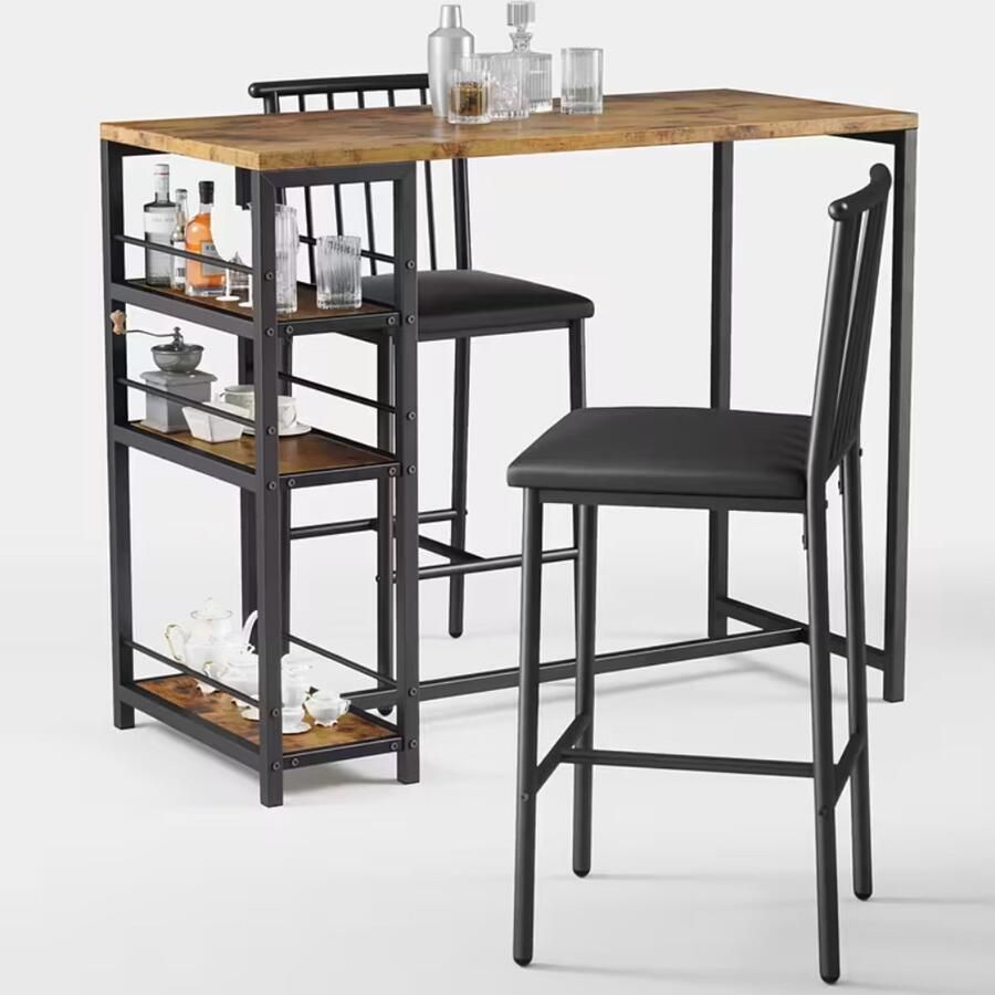 Suredeal Eettafelset 3-delig 91x50x91 cm Bruin Hout & Staal Met 2 Stoelen Opbergplank Ruimtebesparend