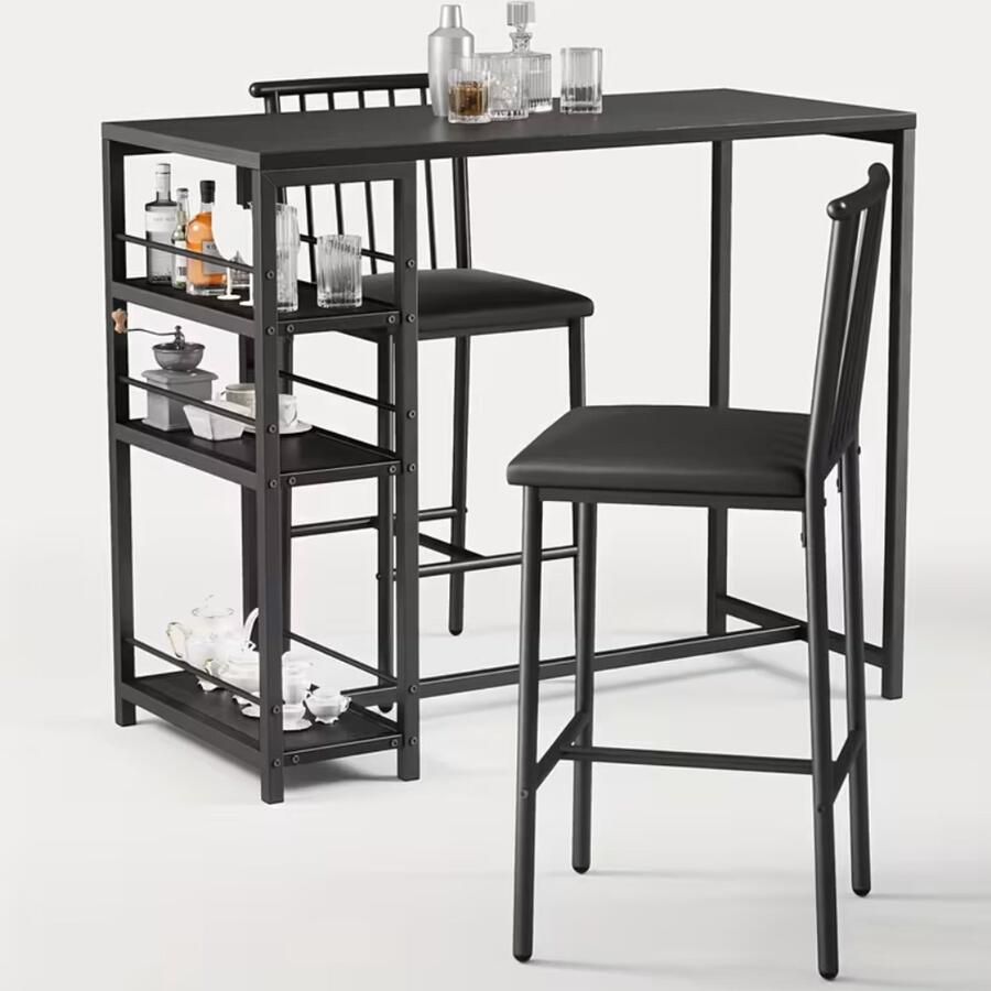 Suredeal Eettafelset 3-delig 91x50x91 cm zwart bureaublad Hout & Staal Met 2 Stoelen Opbergplank Ruimtebesparend