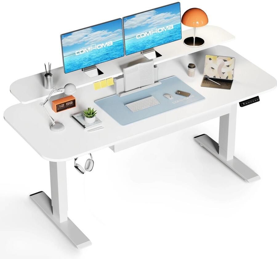 Suredeal Elektrisch Hoogte Verstelbaar Bureau 120x60x72-116 cm Metaal -Hout Wit Monitor- -Tabletstandaard 3 Geheugenstanden