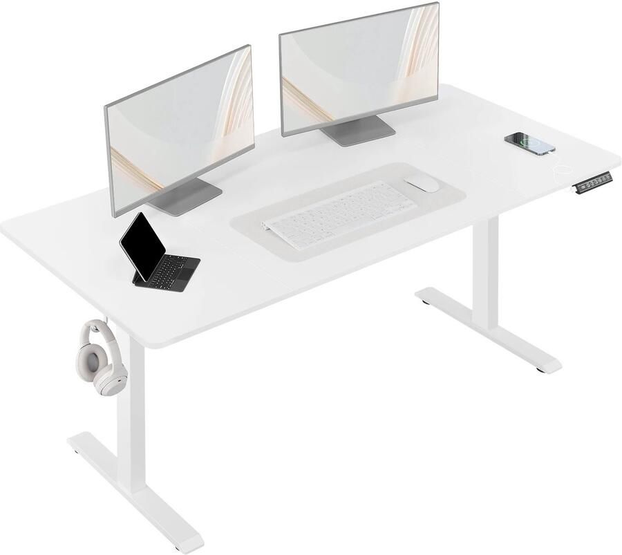 Suredeal Elektrisch Zit-Sta Bureau 140×60×72–120 cm (B×D×H) – Wit – Verstelbaar Werkbureau met USB & Geheugenbediening – Metaal – Ergonomisch Design Voor Kantoor
