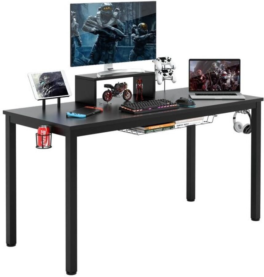 Suredeal Gaming Computerbureau 140 cm MDF & Ijzer 155x60x94 cm Zwart Met Monitorplank Beker- & Koptelefoonhouder