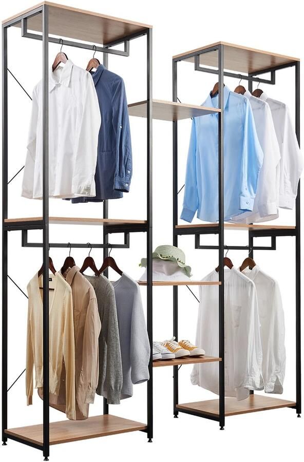 Suredeal Garderobekast met 2+3+2 Planken 165x39.8x204.6 cm Hout & Metaal Licht Eiken Zwart Open Kledingrek