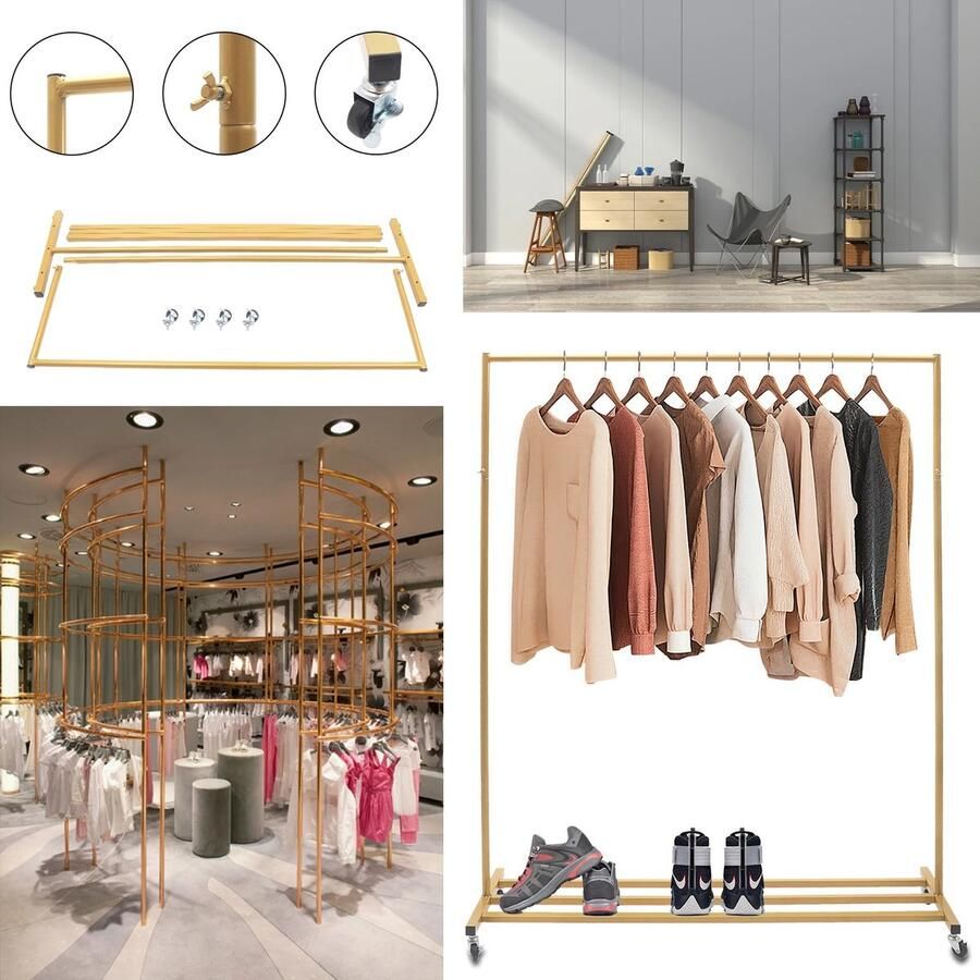 Suredeal Goud Kledingrek Vrijstaande Kledingstuk Rack Met Wielen Kleding Display Stand Voor Woonkamer En Kledingwinkel