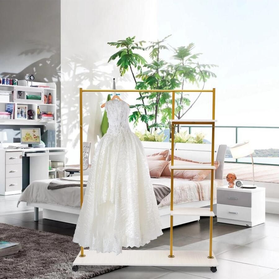 Suredeal Gouden IJzeren Kledingrek Met 4-Tier Planken En Universele Wielen Trouwjurk Bridal Kledingstuk Rack Stand