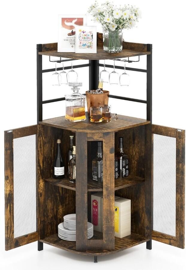 Suredeal Hoekbarkast Wijnkast Industrieel Metaal Gaasdeuren Verstelbare Plank Anti-Kantelset 130cm Rustiek Bruin