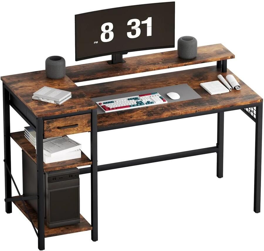 Suredeal Hoekbureau L-vorm 120x50x85 cm Bruin Eiken Staal & Spaanplaat Verstelbare Planken Vintage Kantoor Gaming