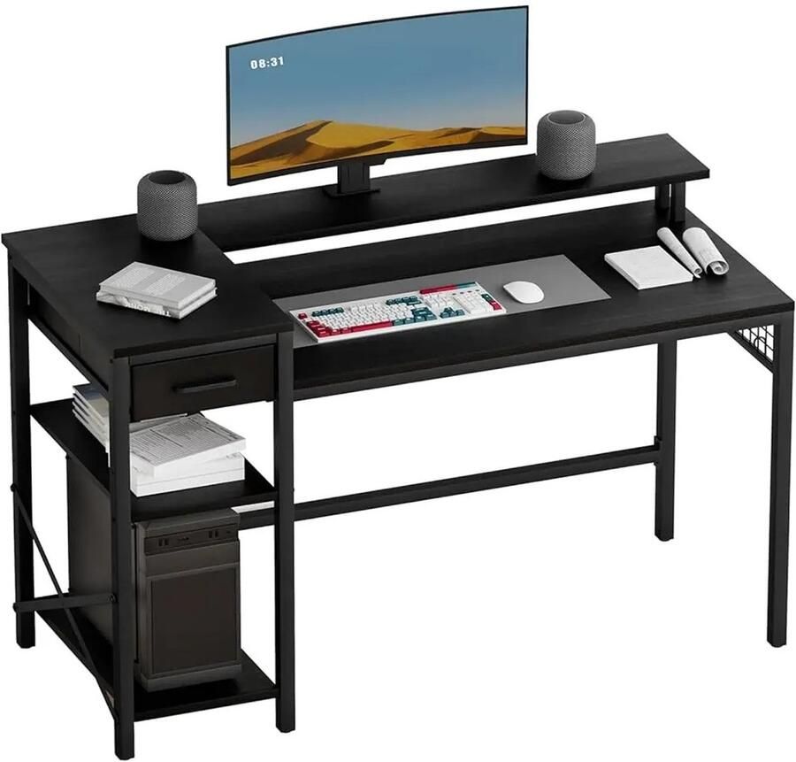 Suredeal Hoekbureau L-vorm 120x50x85 cm Zwart Eiken Staal & Spaanplaat Verstelbare Planken Vintage Kantoor Gaming